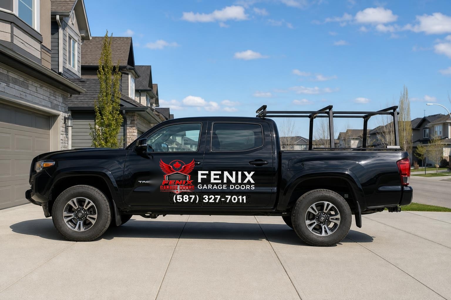 Black Toyota Tacoma service truck for Fenix Garage Doors