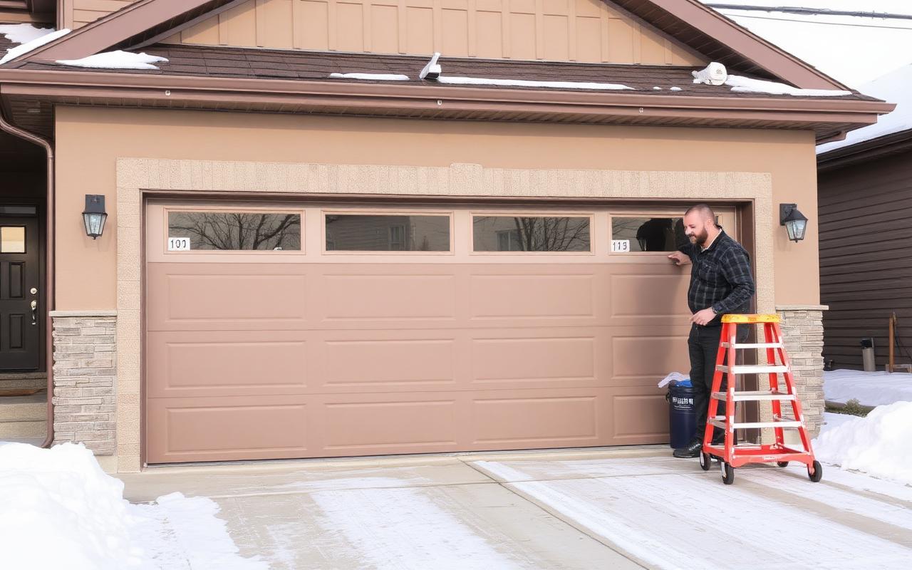 A newly installed insulated steel garage door on a Calgary-area home in winter