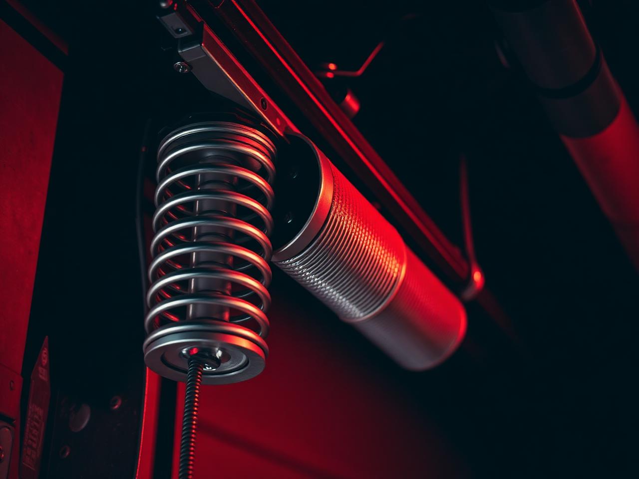 Close-up of a torsion spring above a residential garage door